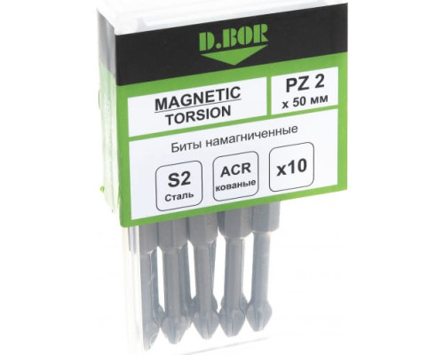 Биты намагниченные MAGNETIC (10 шт; Pz2; 50 мм; Torsion) D.BOR D-MTA-PZ02-050-010