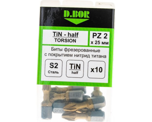 Биты фрезерованные TiN-half (10 шт; Pz2; 25 мм) D.BOR D-THT-PZ02-025-010