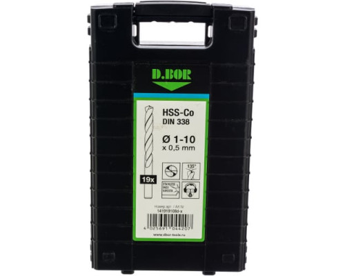 Набор сверл (19 шт, 1-10 мм, HSS-Co) по металлу D.BOR 141919108D-X