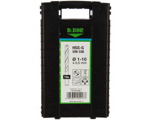 Набор сверл (19 шт., 1-10 мм, HSS-G) по металлу D.BOR 141019108D-T
