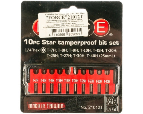 Набор бит TORX с отверстием Т7-Т40, 10 шт. FORCE 21012T Набор бит TORX с отверстием Т7-Т40, 10 шт. FORCE 21012T