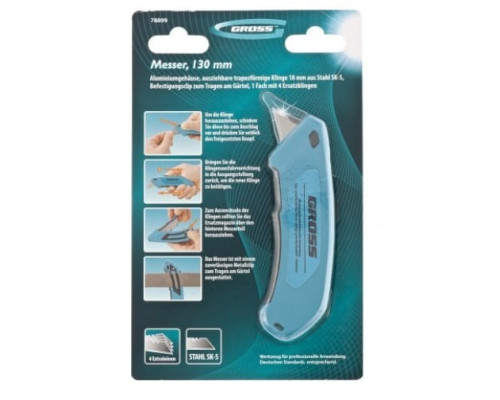 Нож 130 мм, алюминиевый корпус, выдвижное трапецевидное лезвие 18 мм GROSS 78899