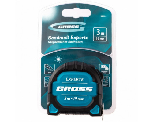 Рулетка GROSS Experte, 3 м x 19 мм, двухкомпонентный корпус, магнит, двухсторонняя разметка, нейлон 32574