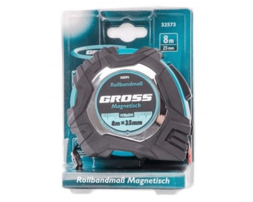 Рулетка Magnetisch, 8 м х 25 мм обрезиненный корпус GROSS 32573