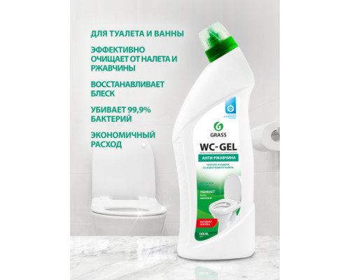 Чистящее средство для сантехники ванной кухни унитаза от ржавчины Grass WC gel флакон 1000 мл 125437