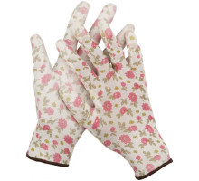 Садовые перчатки Grinda прозрачное PU покрытие, 13 класс вязки, бело-розовые, размер L 11291-L