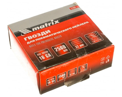 Гвозди для пневматического нейлера (16GA, сечение 1,6х1,4, длина 32 мм, 2500 шт.) MATRIX 57605