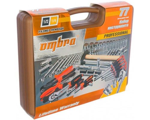 Универсальный набор инструмента 1/2"DR и 1/4"DR с 12-гранными головками 1/2"DR, 77 шт OMBRA OMT77S12