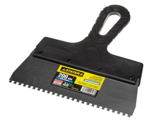 Нержавеющий зубчатый шпатель с пластмассовой ручкой, 200мм, зуб 4х4мм STAYER 1009-20-04