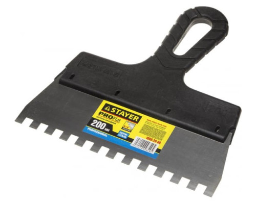 Нержавеющий зубчатый шпатель с пластмассовой ручкой, 200мм, зуб 8х8мм STAYER 1009-20-08
