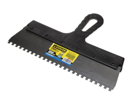 Нержавеющий зубчатый шпатель с пластмассовой ручкой, 300мм, зуб 6х6мм STAYER 1009-30-06