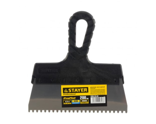 Нержавеющий зубчатый шпатель с пластмассовой ручкой, 200мм, зуб 4х4мм STAYER 1009-20-04