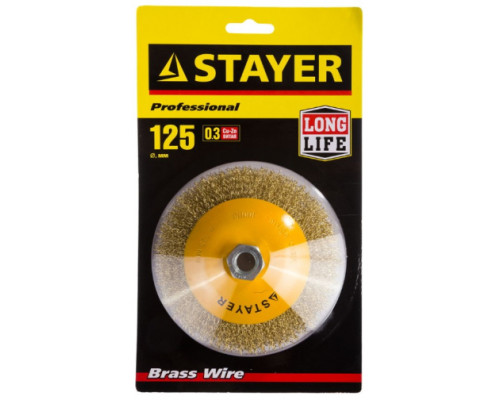 Щетка коническая PROFESSIONAL (125 мм; М14; витая стальная латунированная проволока 0.3 мм) для УШМ STAYER 35133-125