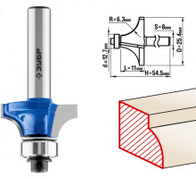Фреза кромочная калевочная №1 ПРОФЕССИОНАЛ (25.4х11х54.3 мм; R6.3 мм; хвостовик 8 мм) Зубр 28701-25.4