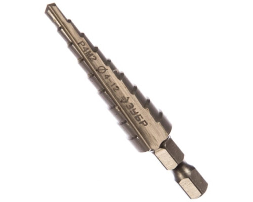 Сверло МАСТЕР ступенчатое по сталям и цветным металлам (4-12 мм; 9 ступеней; L65 мм; HEX1/4") Зубр 29665-4-12-9