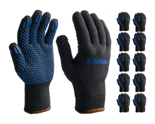 Трикотажные утеплённые перчатки ЗУБР р. L-XL, с ПВХ покрытием (точка), 10 пар 11462-H10