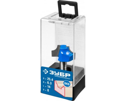 Фреза пазовая фасонная №1 ПРОФЕССИОНАЛ (25.4х14х46 мм; R6.3 мм; хвостовик 8 мм) Зубр 28740-25.4
