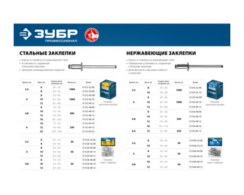Нержавеющие заклепки Зубр Профессионал 4.8х12 мм, 50 шт. 313166-48-12