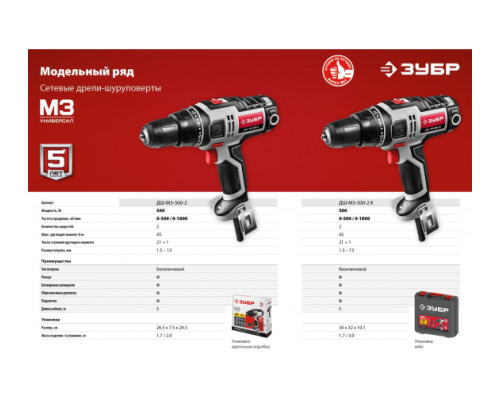 Сетевая дрель-шуруповерт ЗУБР ДШ-М3-500-2 К