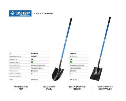 Штыковая лопата ЗУБР Старатель фиберглассовый черенок 39545_z02