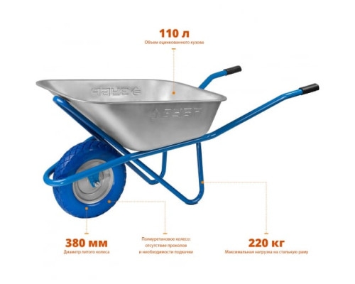 Строительная тачка ЗУБР ПТ-200 одноколесная, 110 л/220 кг 39903_z01