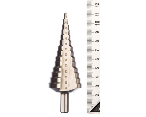 Сверло МАСТЕР ступенчатое по сталям и цветным металлам (4-39 мм; 14 ступеней; L113 мм; 3-х гран.хв.10 мм) Зубр 29665-4-39-14