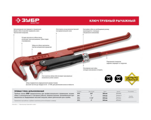 Трубный ключ Зубр рычажный, прямые губки, цельнокованный, № 1, 1" 27314-1 27314-1