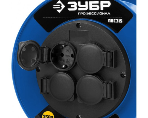 Удлинитель на катушке ЗУБР "ПВС 315", 40 м, 3500 Вт, 4 гнезда, IP44, ПВС 3х1,5 кв мм, 55081-40