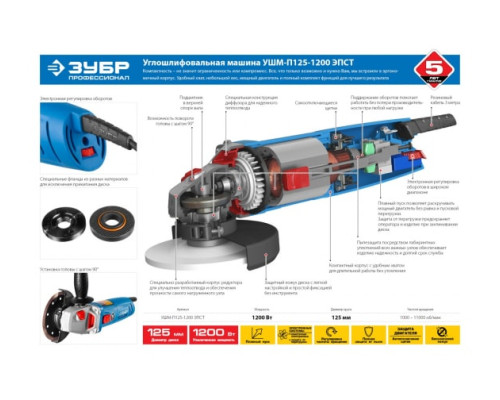Углошлифовальная машина ЗУБР ПРОФЕССИОНАЛ УШМ-П125-1200 ЭПСТ