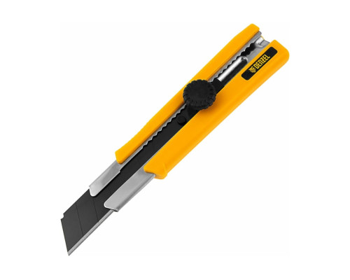 Нож DENZEL 25 мм, сменное лезвие, SK4, корпус из TPR, металлическая направляющая, винтовой фиксатор 78945