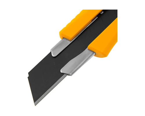 Нож Denzel 18 мм, сменное лезвие, SK4, металлическая направляющая, нажимной фиксатор 78942