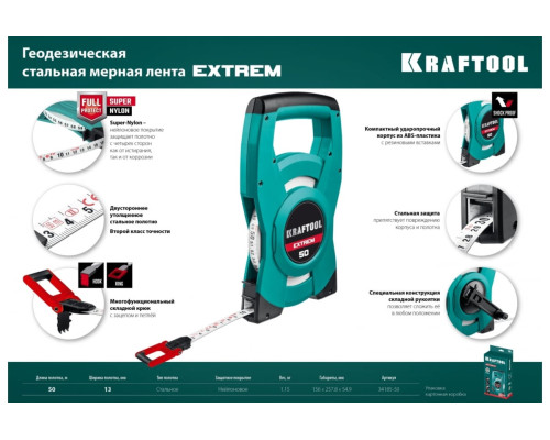 Геодезическая стальная мерная лента KRAFTOOL Extrem 50 м 34185-50