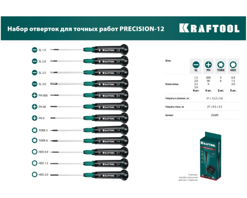 Набор отверток для точных работ 12 шт., KRAFTOOL Precision 12 25689