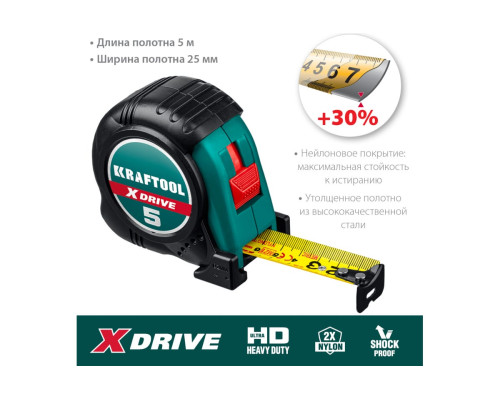 Рулетка  KRAFTOOL X-Drive 5м/25мм с ударостойким обрезиненным корпусом 34122-05-25_z02