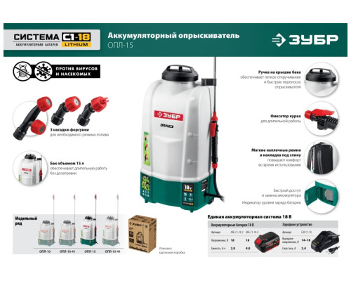 Аккумуляторный опрыскиватель ЗУБР 18 В, 4 А*ч, 15 л ОПЛ-15-41