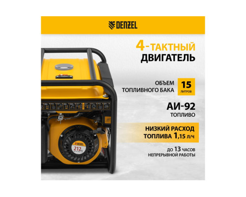 Бензиновый генератор Denzel PS-33E, 3,3 кВт, 230В, 15 л, электростартер 94537