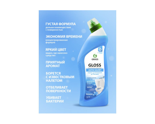 Чистящий гель для ванны и туалета Grass Gloss breeze 750 мл 125541 Чистящий гель для ванны и туалета Grass Gloss breeze 750 мл 125541