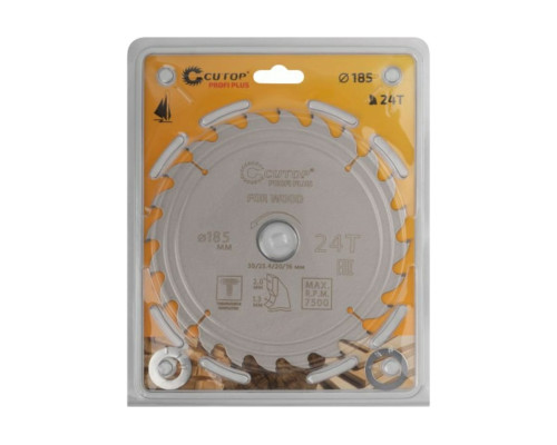 Диск пильный с тефлоновым покрытием по дереву Profi plus 185x1.3/2x30/25.4/20/16 мм, 24Т CUTOP 75-18524Т