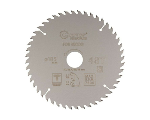 Диск пильный с тефлоновым покрытием по дереву Profi plus 185x1.3/2x30/25.4/20/16 мм, 48Т CUTOP 75-18548Т
