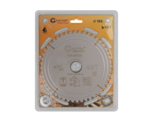 Диск пильный с тефлоновым покрытием по дереву Profi plus 185x1.3/2x30/25.4/20/16 мм, 48Т CUTOP 75-18548Т