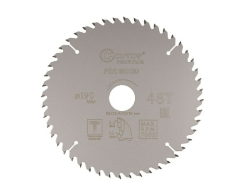 Диск пильный с тефлоновым покрытием по дереву Profi plus 190x1.5/2.2x30/25.4/20/16 мм, 48Т CUTOP 75-19048Т