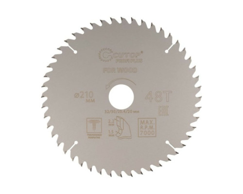 Диск пильный с тефлоновым покрытием по дереву Profi plus 210x1.5/2.2x32/30/25.4/20 мм, 48Т CUTOP 75-21048Т