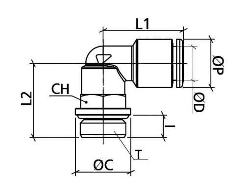 Фитинг L-образный 12 мм с наружной металлической резьбой G1/4" CDC Pneumatics BPL 12G02 Фитинг L-образный 12 мм с наружной металлической резьбой G1/4" CDC Pneumatics BPL 12G02