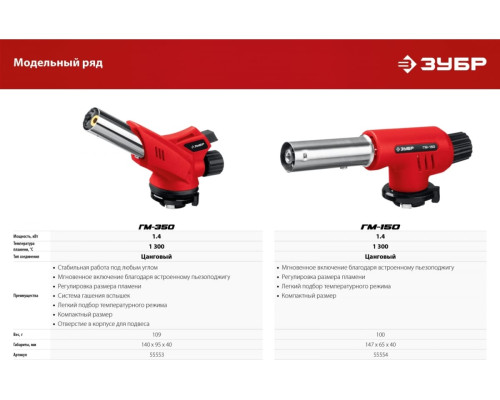 Газовая горелка ЗУБР ГМ-150 с пъезоподжигом 55554