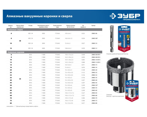 Коронка алмазная вакуумная ЗУБР Профессионал 70 мм, М14, 15 мм кромка 29865-70
