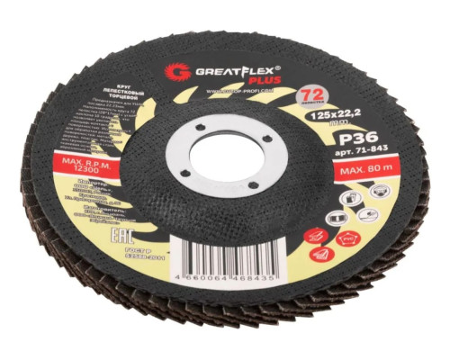 Круг лепестковый торцевой Plus 72 лепестка, 125x22.2 мм, P36 Greatflex 71-843