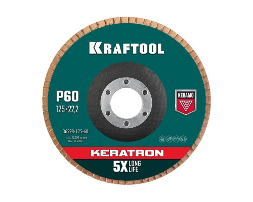 Лепестковый керамический торцевой круг KRAFTOOL Keratron по нержавеющей стали, 125x22.2 мм, P60 36598-125-60