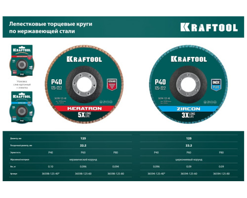 Лепестковый керамический торцевой круг KRAFTOOL Keratron по нержавеющей стали, 125x22.2 мм, P60 36598-125-60