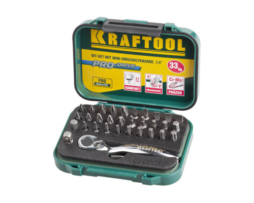 Набор бит с мини трещоткой 1/4" Kraftool EXPERT 33 предмета 26157-H33 Набор бит с мини трещоткой 1/4" Kraftool EXPERT 33 предмета 26157-H33
