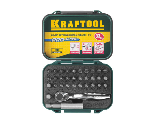 Набор бит с мини трещоткой 1/4" Kraftool EXPERT 33 предмета 26157-H33 Набор бит с мини трещоткой 1/4" Kraftool EXPERT 33 предмета 26157-H33
